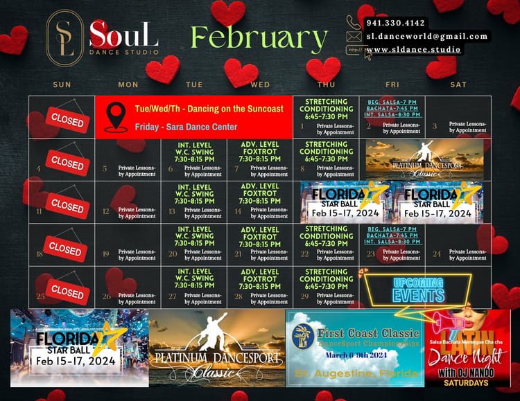 🌟February 2024 Dance Classes & Event Calendar 🌟