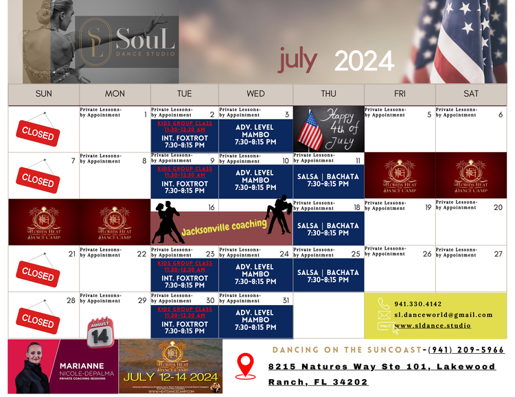 🌞🎆 July 2024 SouL Dance Group Class and Event Calendar 🎆🌞