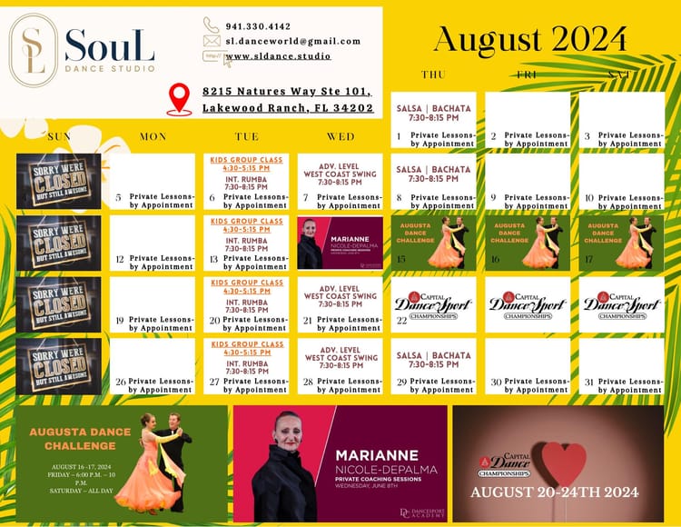 🍎🌴 August 2024 SouL Dance Group Class and Event Calendar 🌴🍎