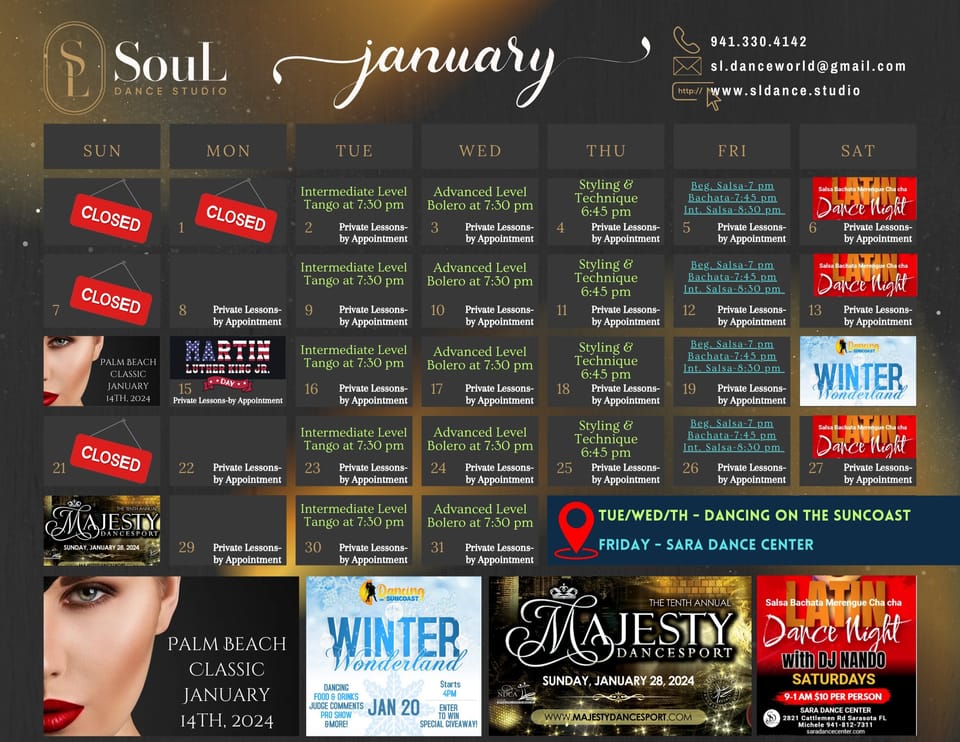 🥳 January 2024 Dance Classes & Event Calendar 🎉