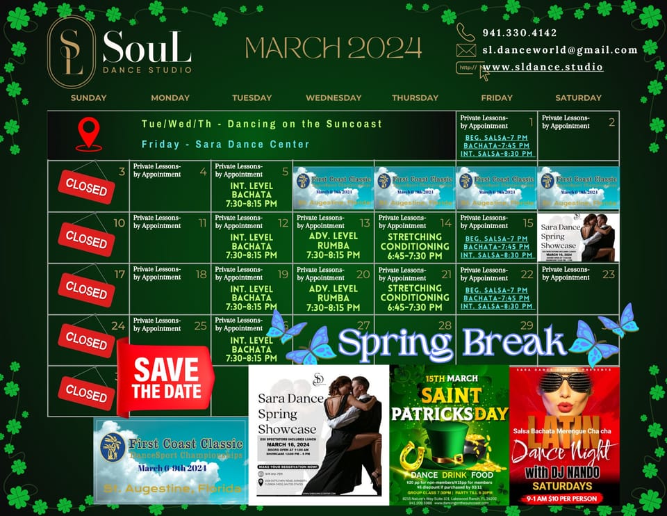 ☀️🍀March 2024 SouL Dance Group Class and Event Calendar🍀☀️